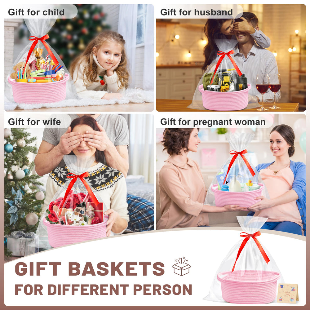 Bufims small woven pink gift basket with ribbon, ready-to-gift presentation.