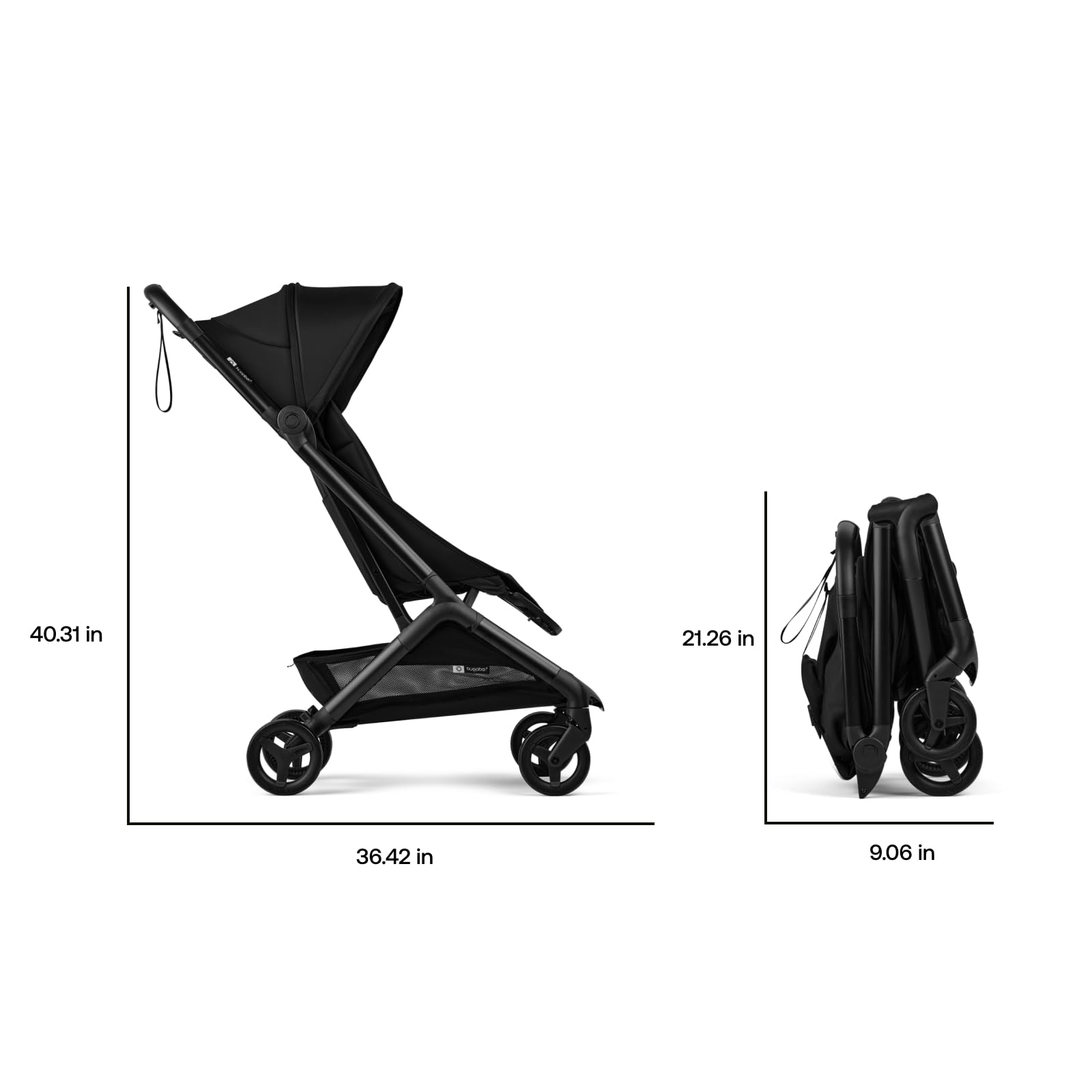 Bugaboo Butterfly 2 folded for airplane cabin with IATA-compatible sizing.