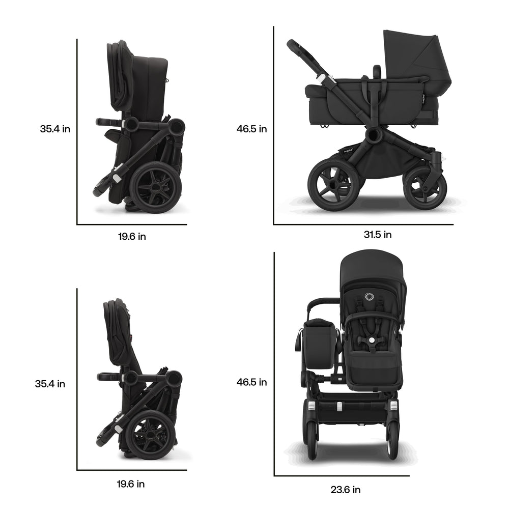 Bugaboo Donkey 5 Mono configurations image demonstrates newborn to toddler adaptability.