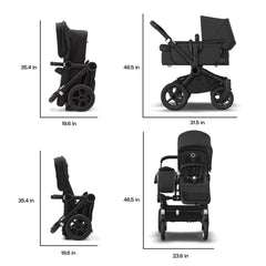 Bugaboo Donkey 5 Mono configurations image demonstrates newborn to toddler adaptability.