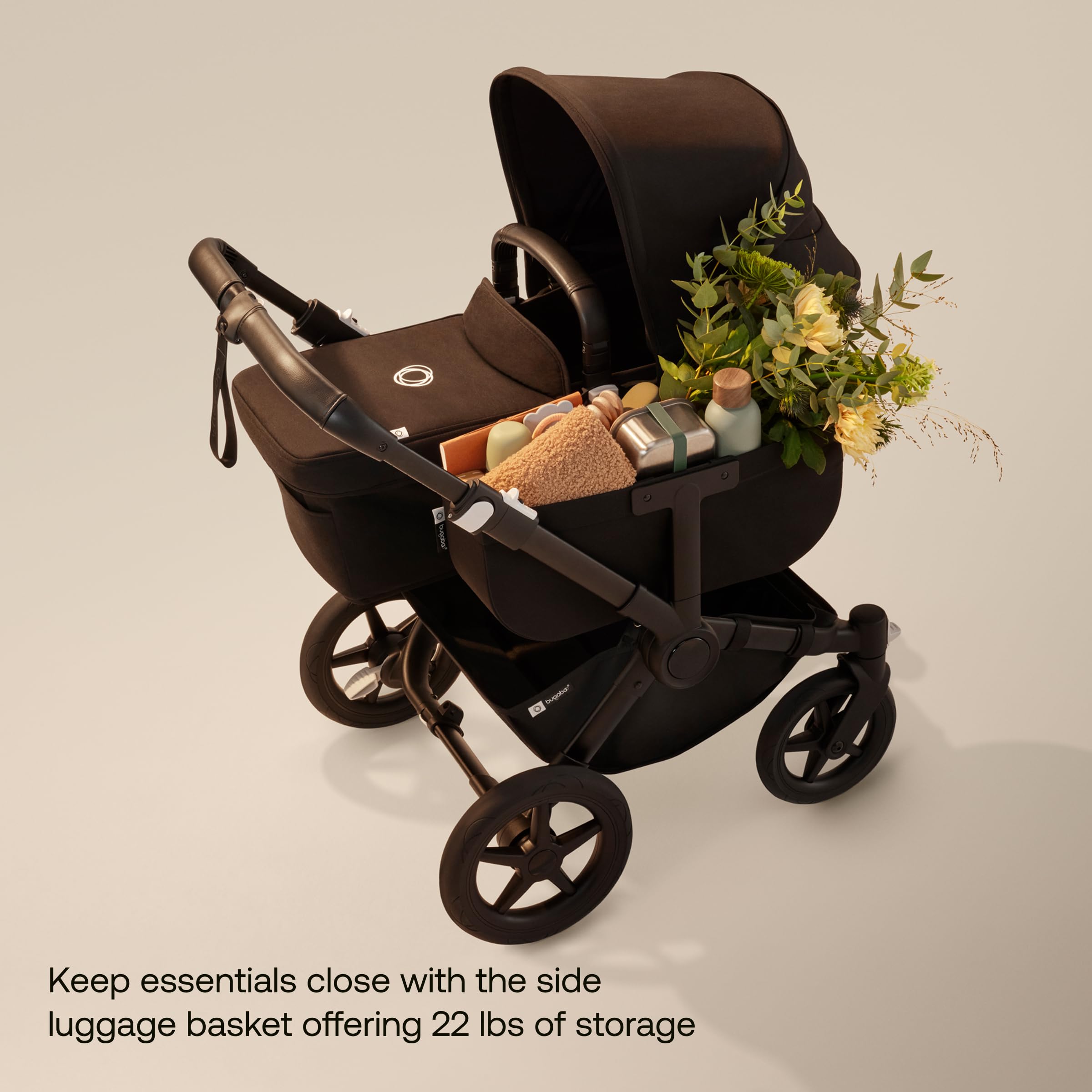 Bugaboo Donkey 5 Mono underseat basket shows ample storage.