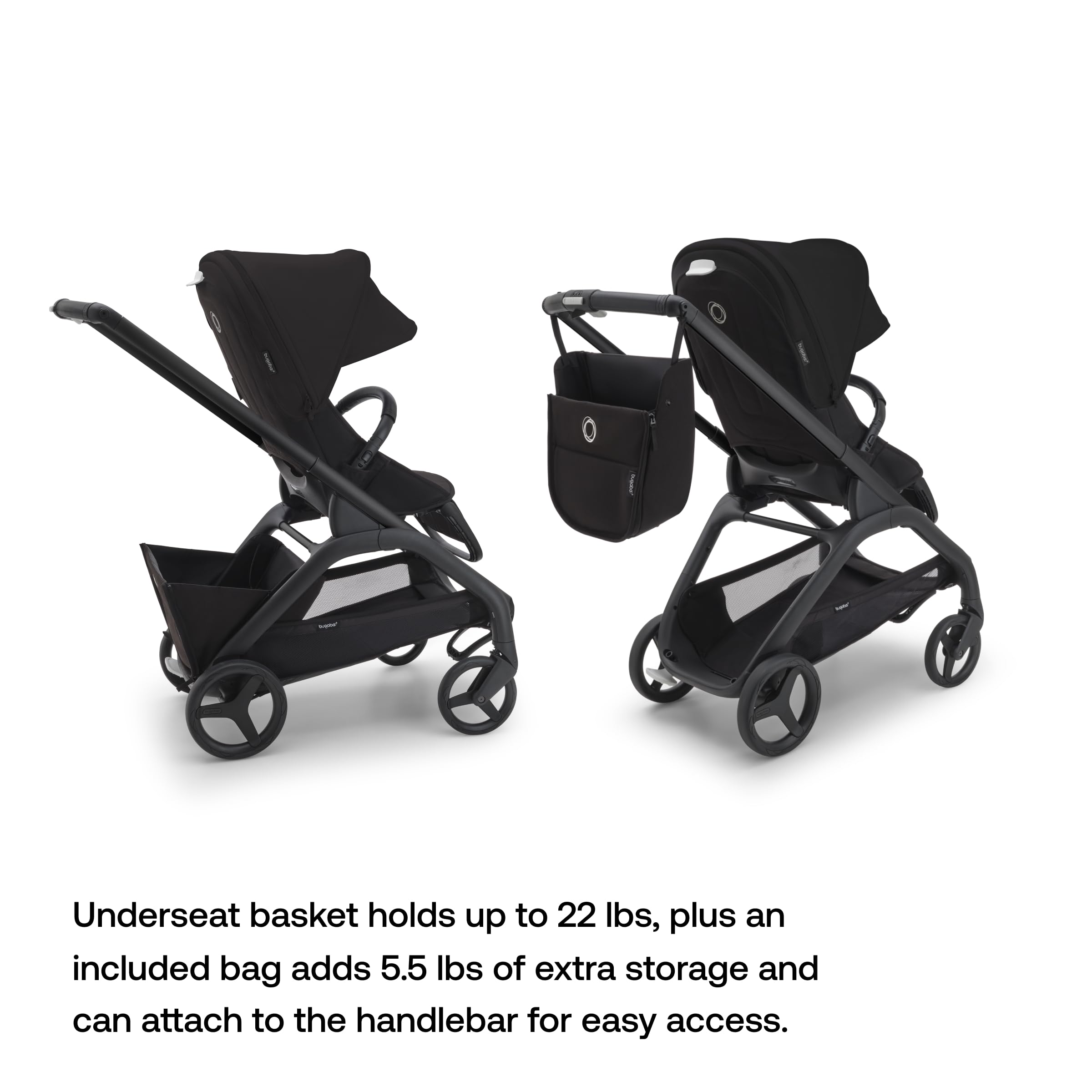 Bugaboo Dragonfly black chassis and midnight canopy contrast in urban photos.