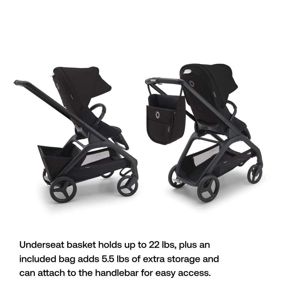 Bugaboo Dragonfly black chassis and midnight canopy contrast in urban photos.