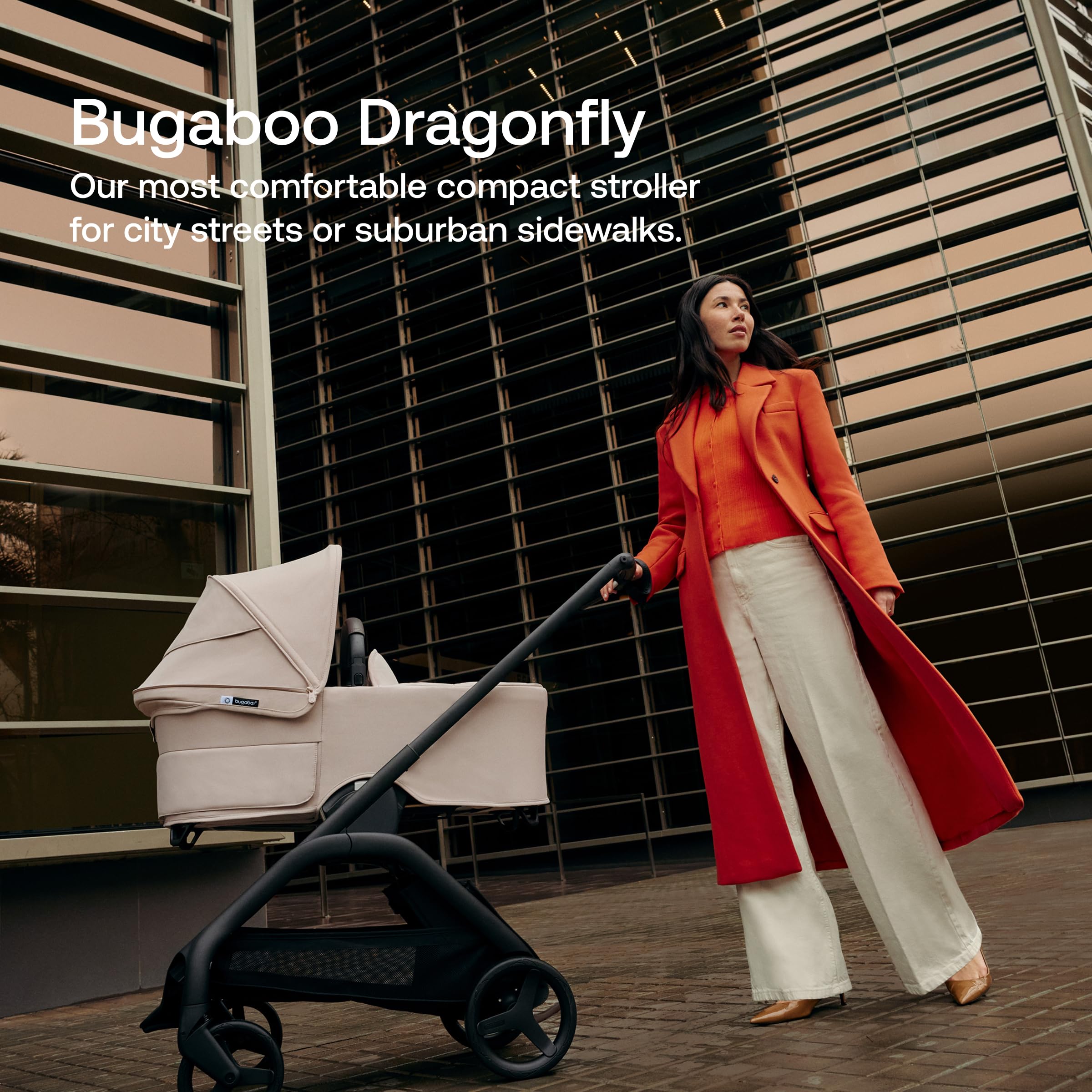 Bugaboo Dragonfly fold any-position demonstrates versatile storage in crowded urban environments.