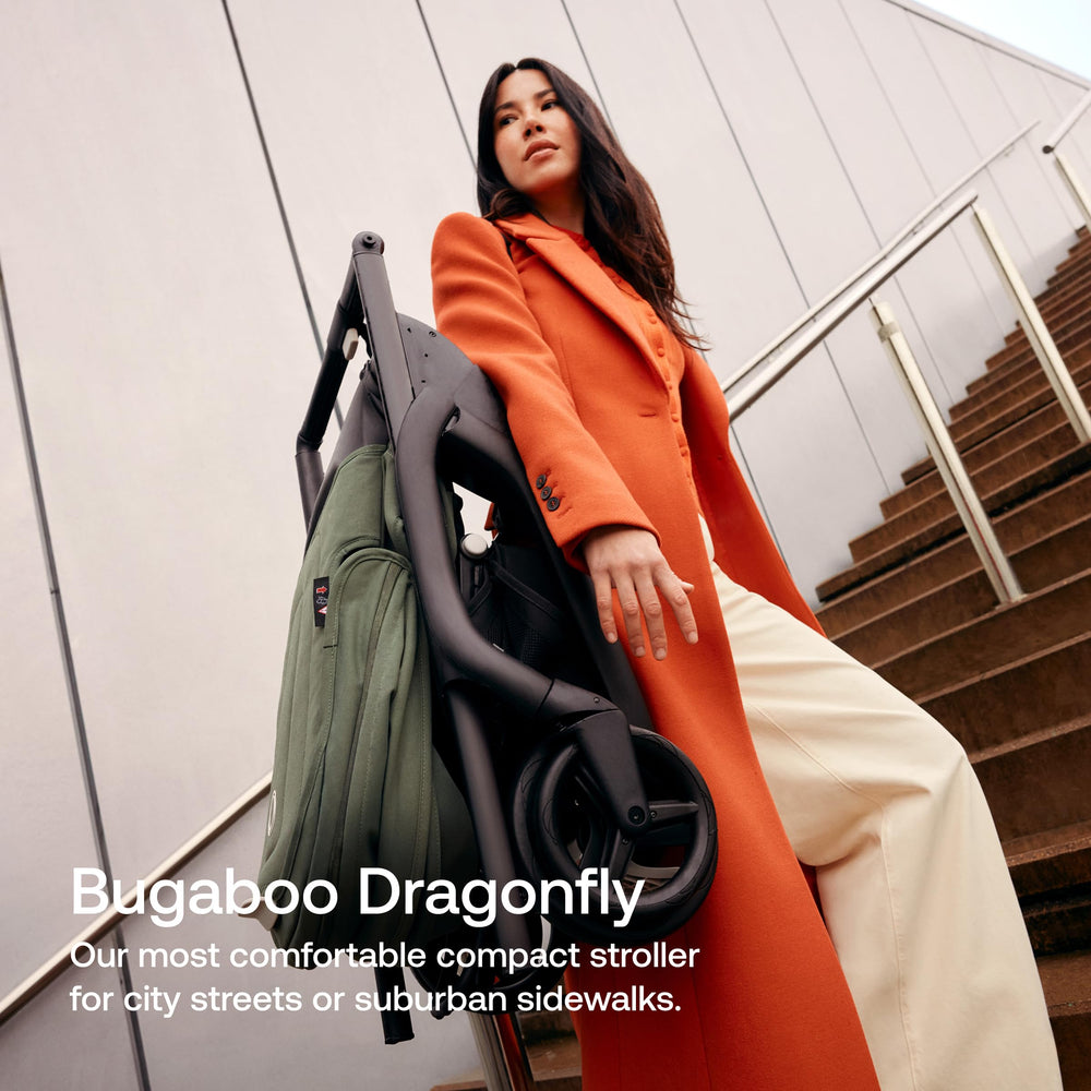 Bugaboo Dragonfly folded in any position shows versatile, space-saving one-handed setup.
