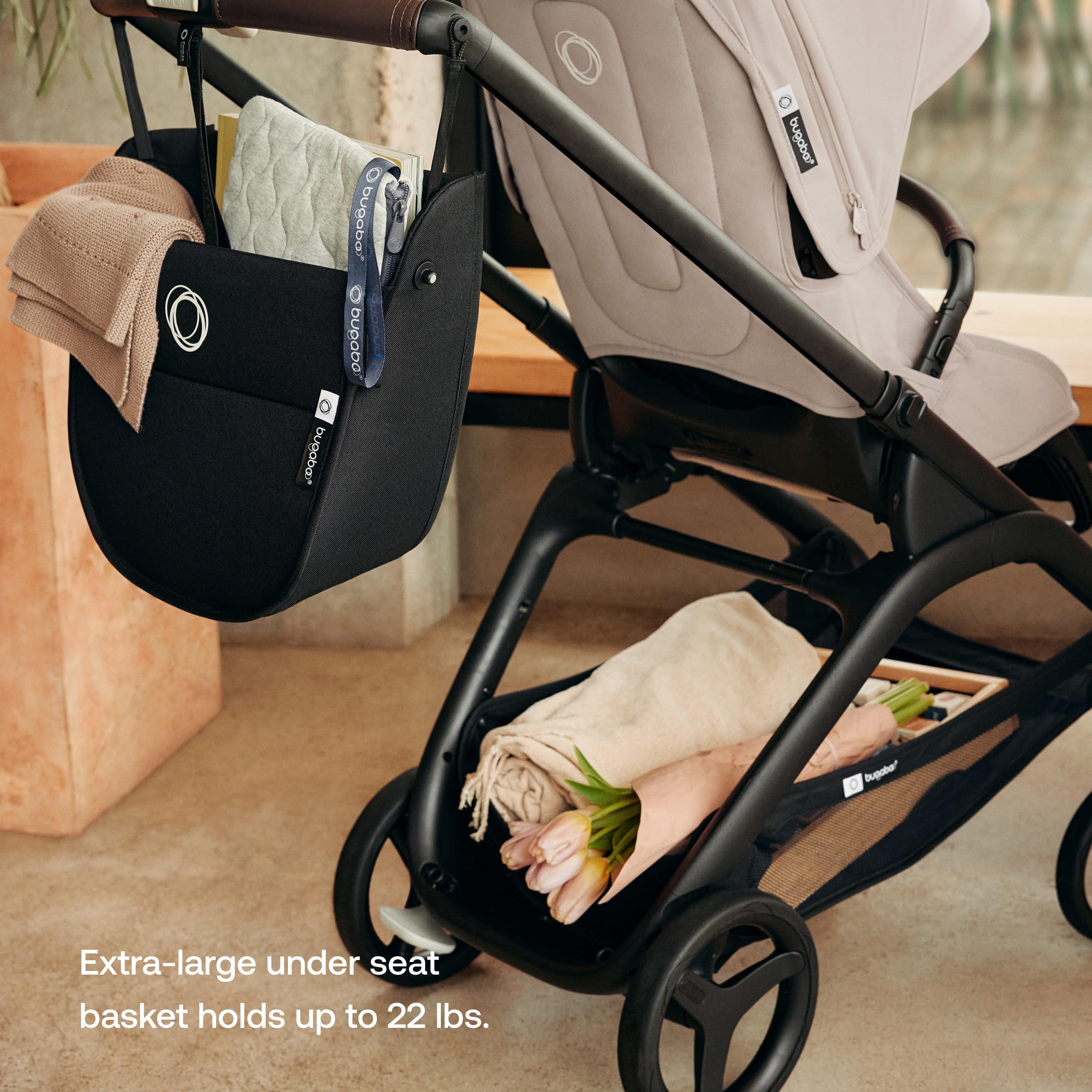 Bugaboo Dragonfly large basket offers practical storage for daily errands.