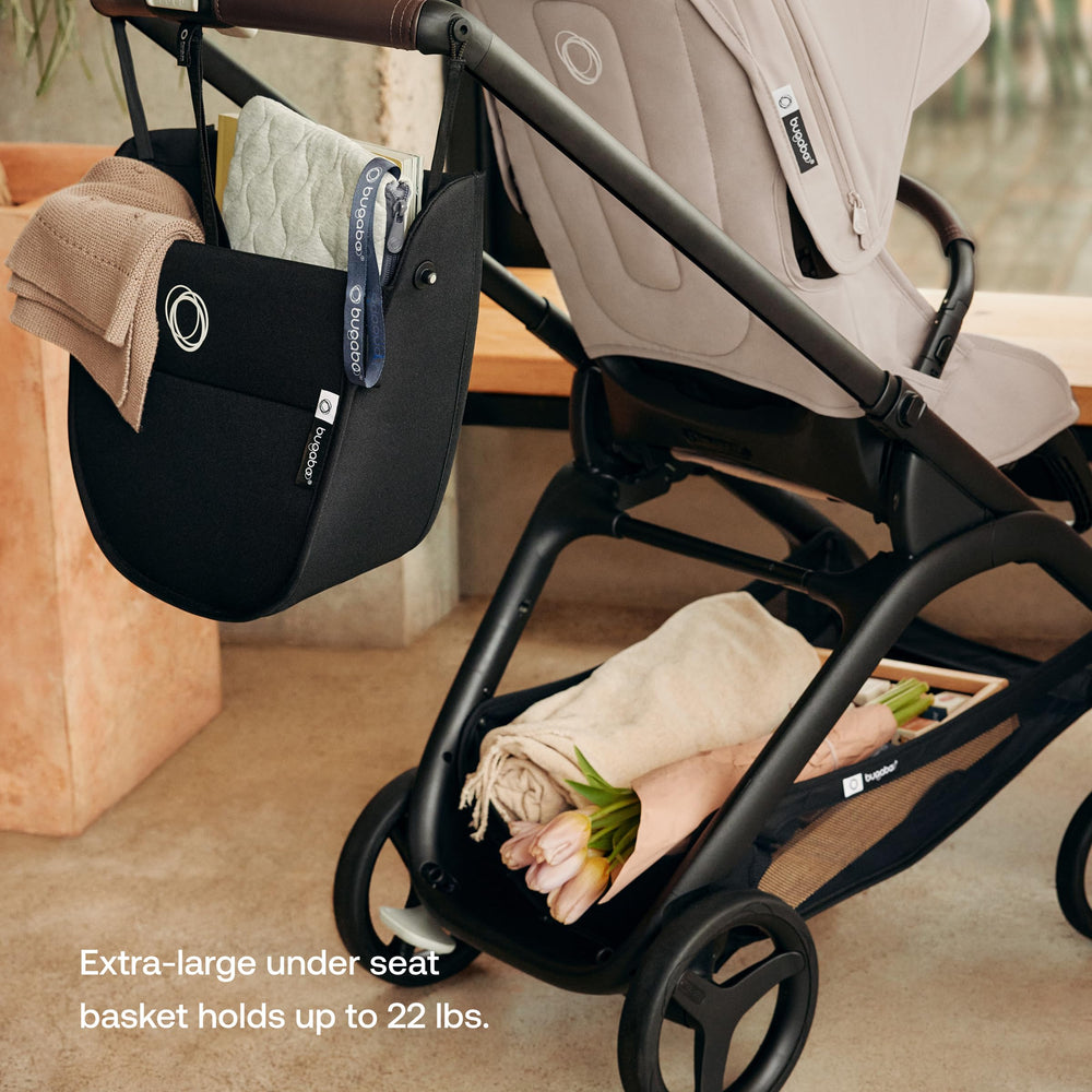 Bugaboo Dragonfly large basket offers practical storage for daily errands.