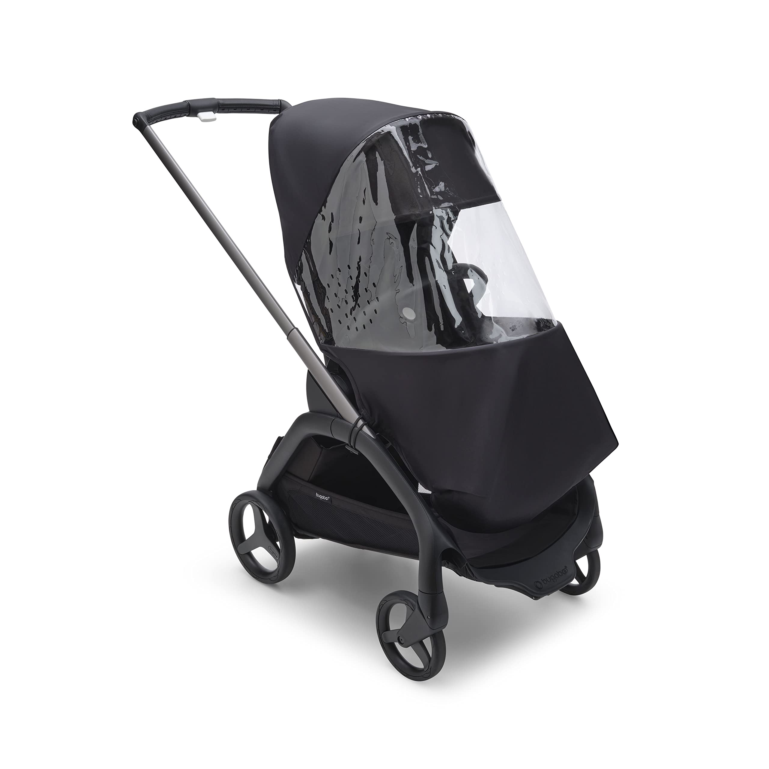 Bugaboo Dragonfly Rain Cover attached for wind protection during a park walk