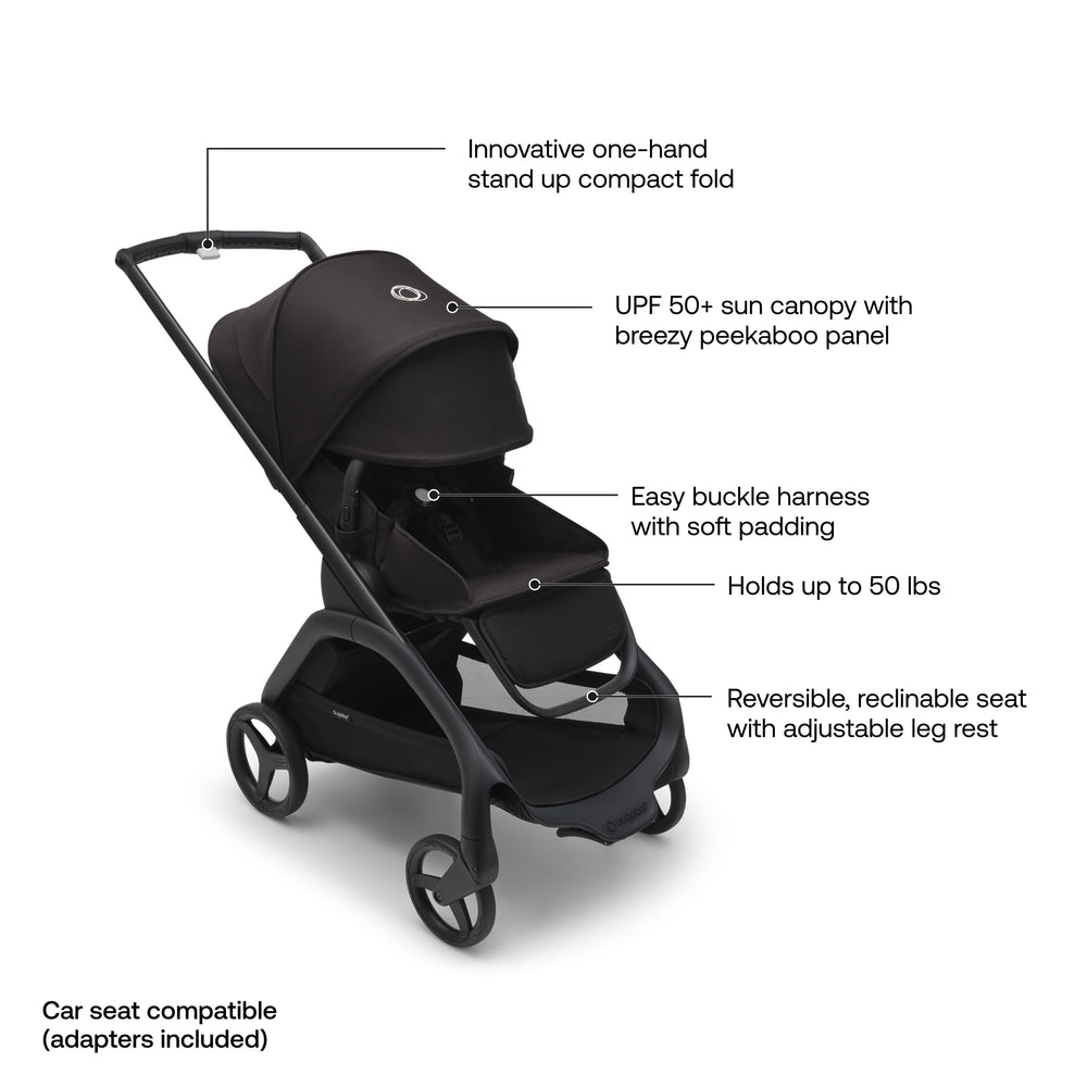 Bugaboo Dragonfly seat mode with one-hand adjustments during smooth city strolls.