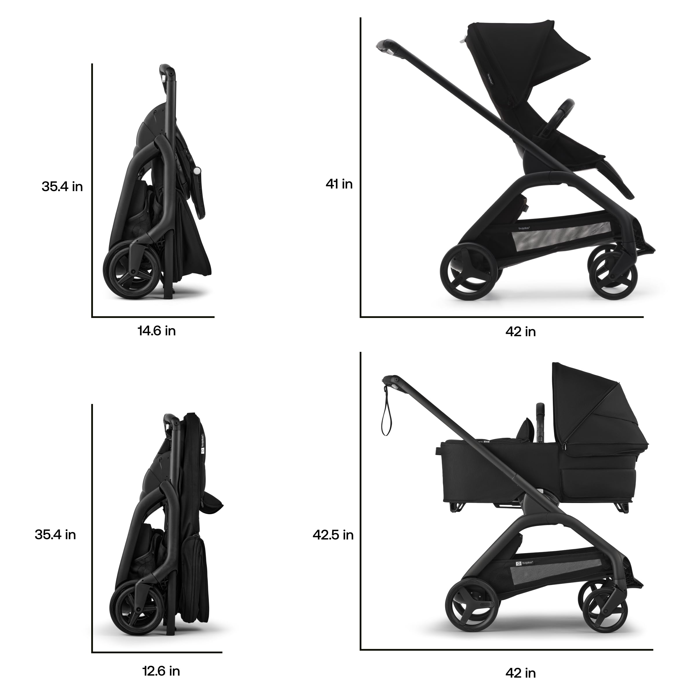 Bugaboo Dragonfly seat transition lets growing child switch from bassinet to seated ride.
