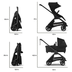 Bugaboo Dragonfly seat transition lets growing child switch from bassinet to seated ride.
