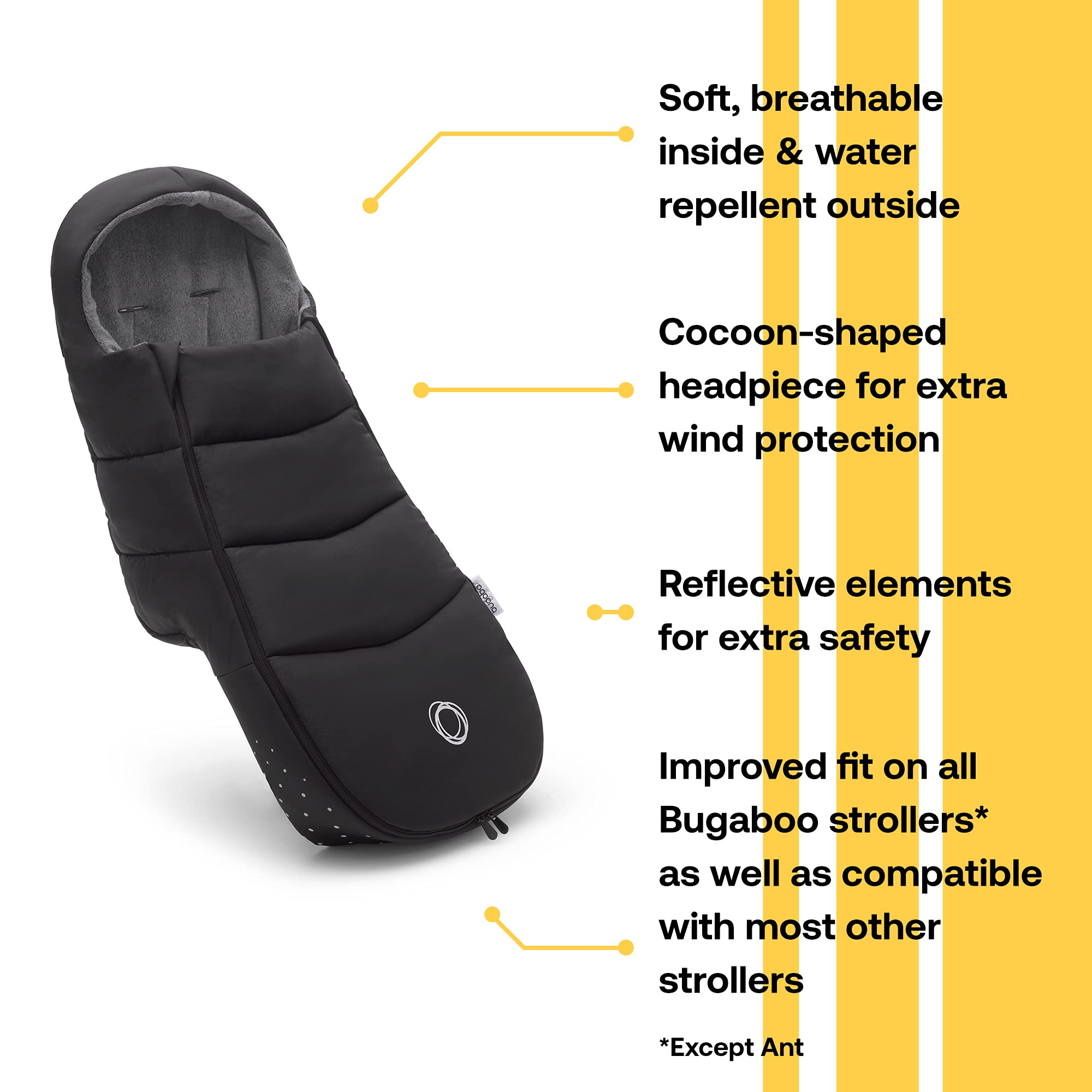 Bugaboo Footmuff cocoon headpiece protecting head from wind and chill.