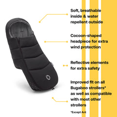 Bugaboo Footmuff cocoon headpiece protecting head from wind and chill.