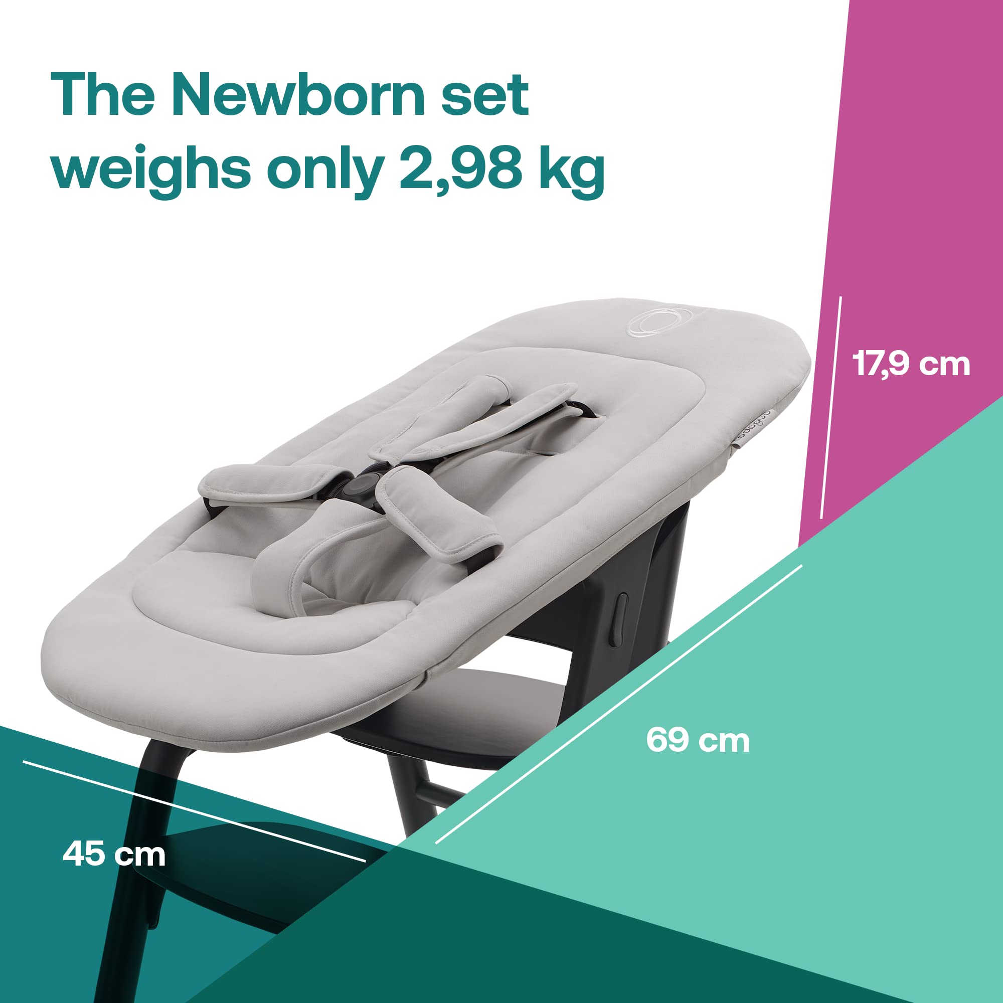 Bugaboo Giraffe quick-click bases enable easy table or rocker transitions.