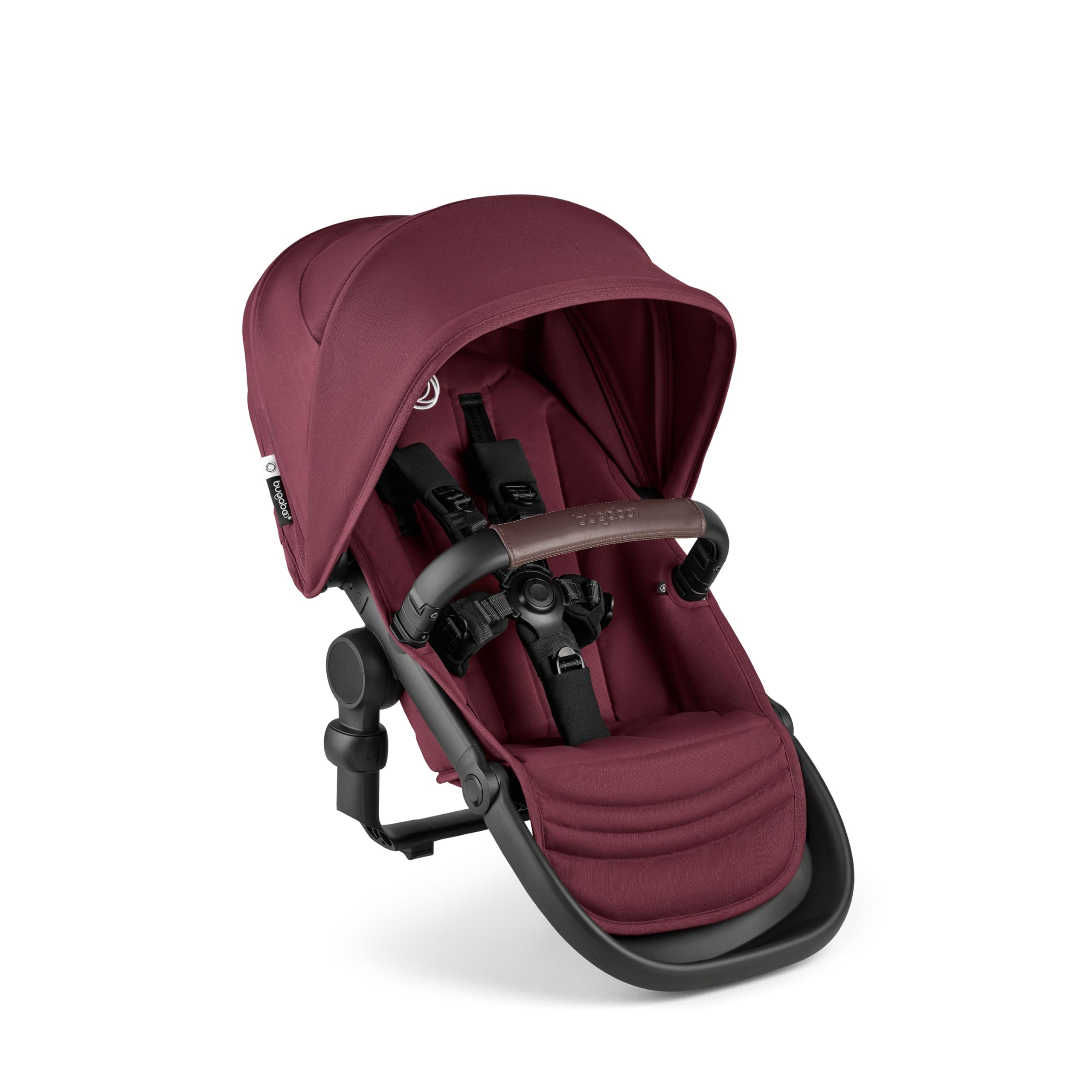 Bugaboo Kangaroo sibling seat setup in dark cherry for two-child outings.