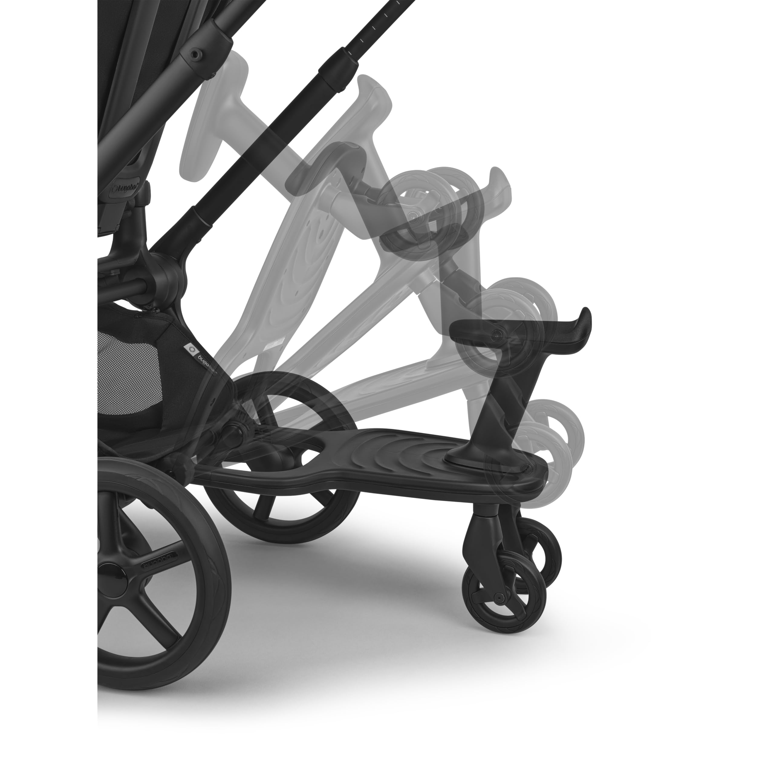Bugaboo wheeled board in-use with child secured on seat