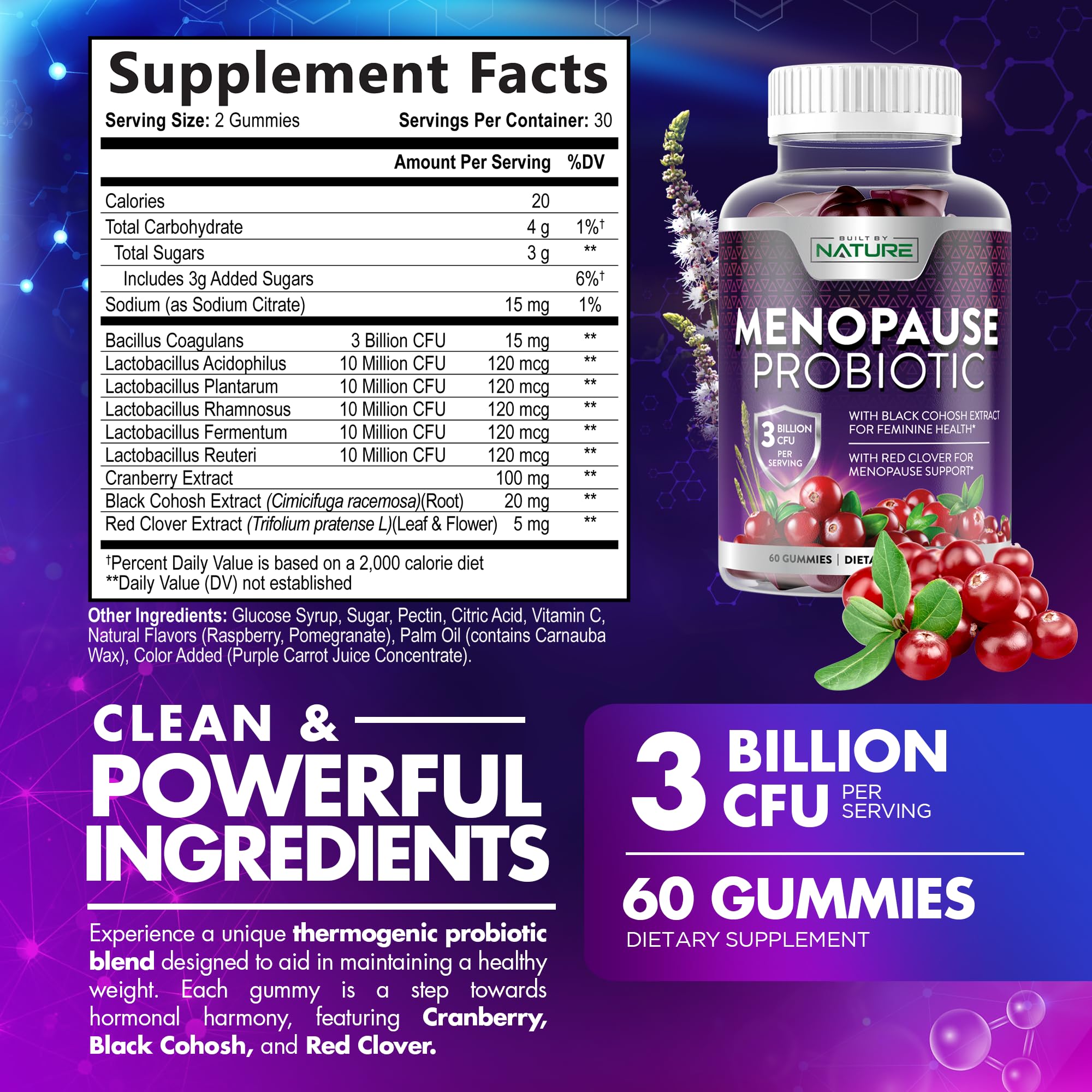 Bottle back reveals ingredients and vegan non-GMO formula for menopause wellness.