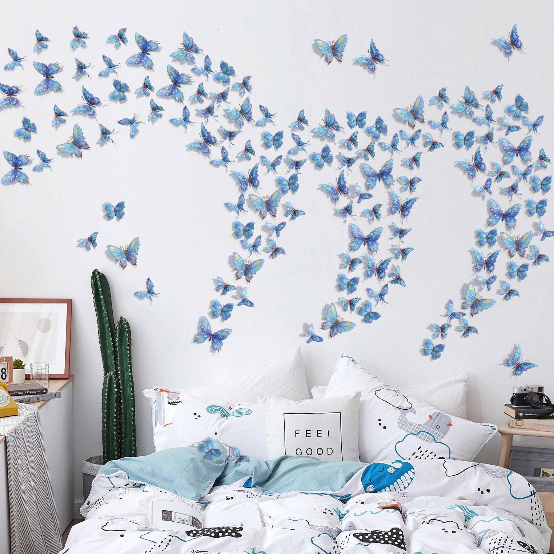 Buiory 3D butterfly wall decor blue close-up wing details for realism.