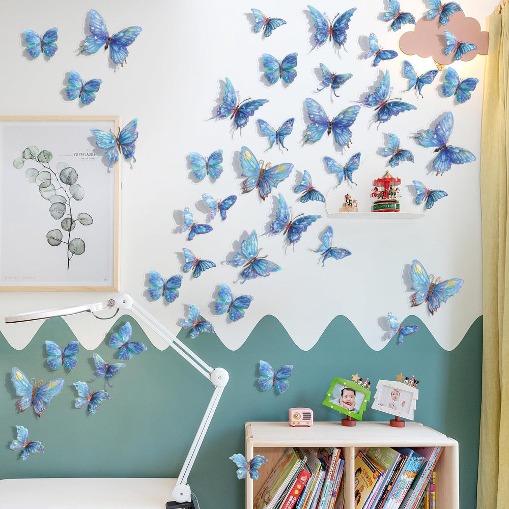 Buiory 3D butterfly wall decor blue removable adhesive leaves no residue.