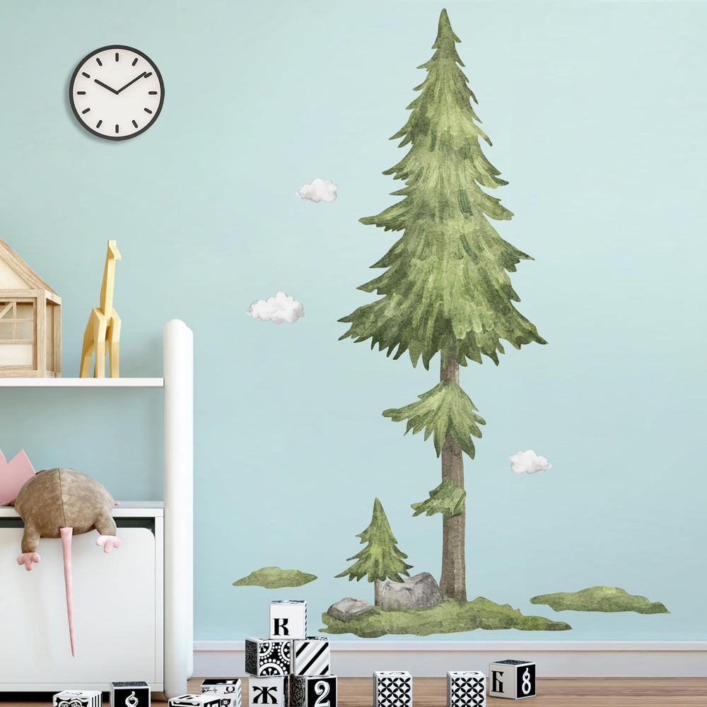 Buiory pine forest wall decal enhances living room style.