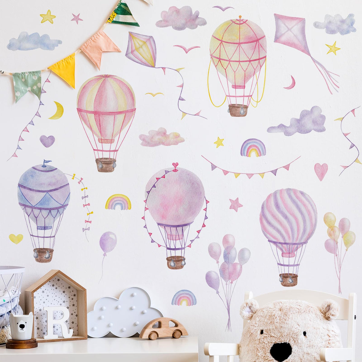 Buiory large hot air balloon wall decal with stars for a dreamy nursery