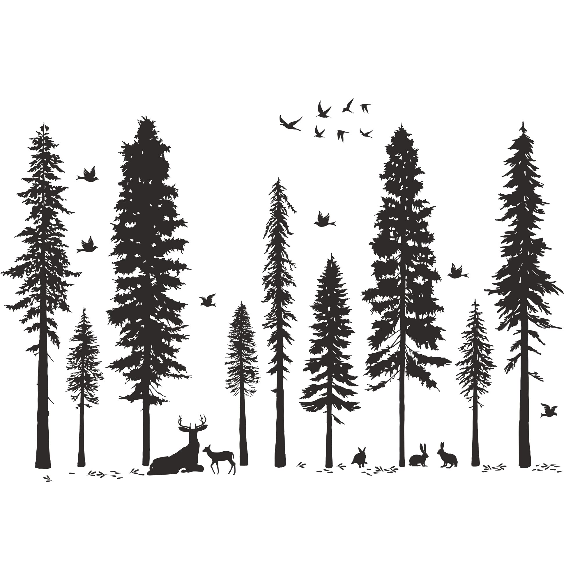 Buiory Primeval Forest wall stickers pack featuring pine trees and birds for kids rooms.