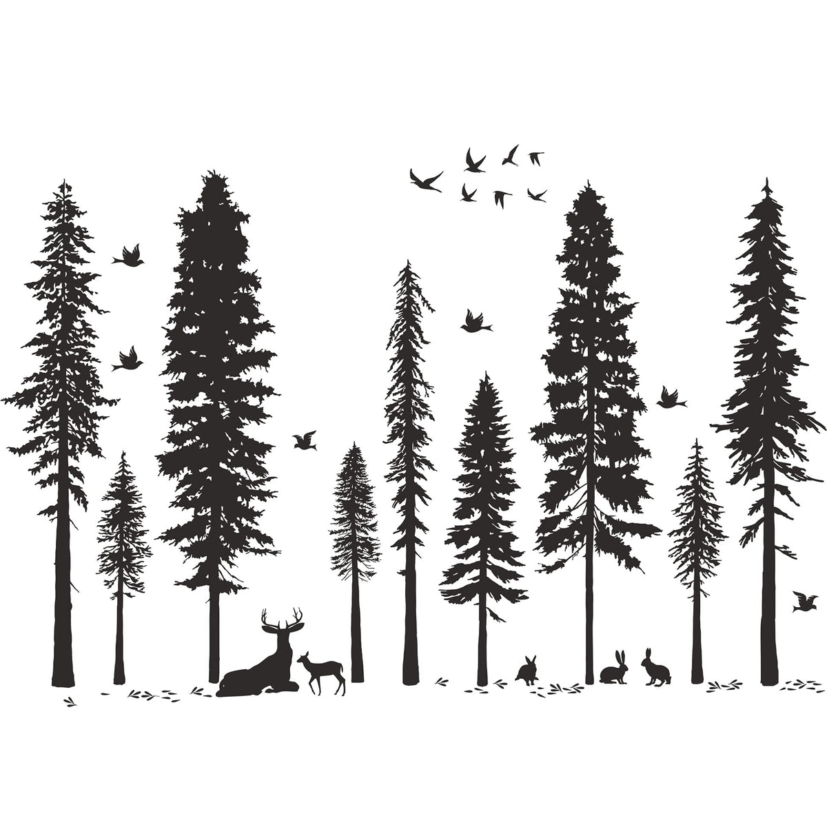 Buiory Primeval Forest wall stickers pack featuring pine trees and birds for kids rooms.