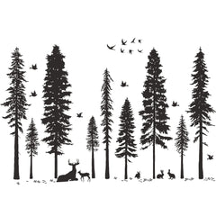 Buiory Primeval Forest wall stickers pack featuring pine trees and birds for kids rooms.