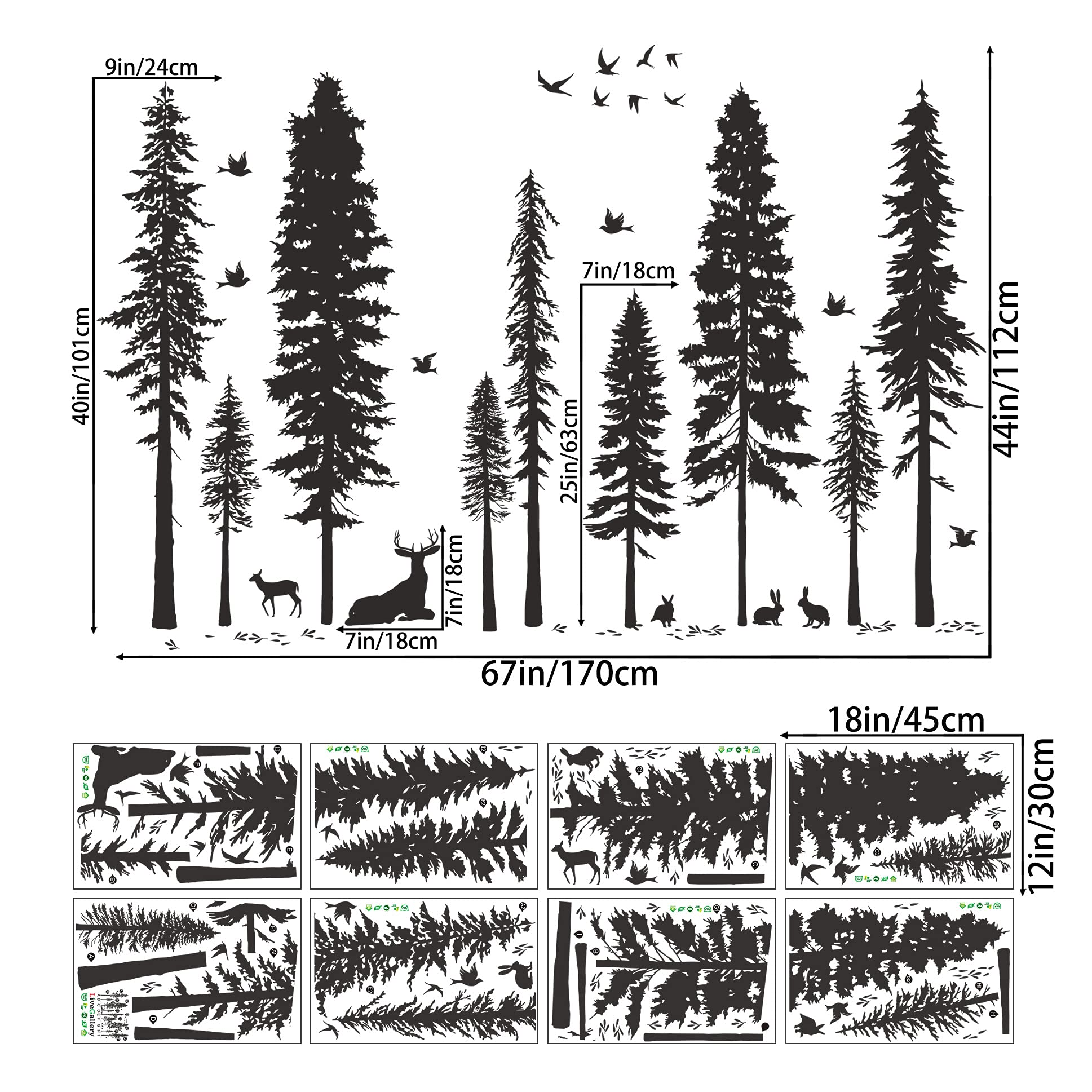 Buiory woodland tree decal closeup showing pine trees and birds.