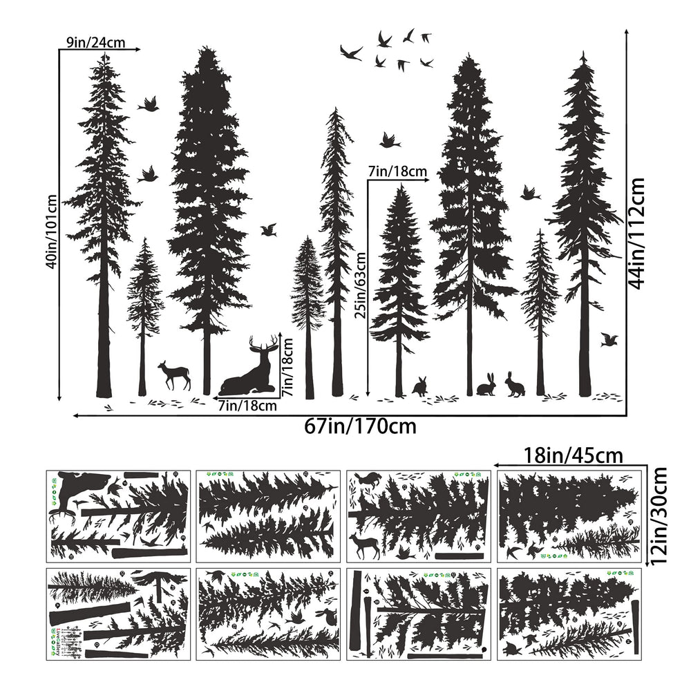 Buiory woodland tree decal closeup showing pine trees and birds.