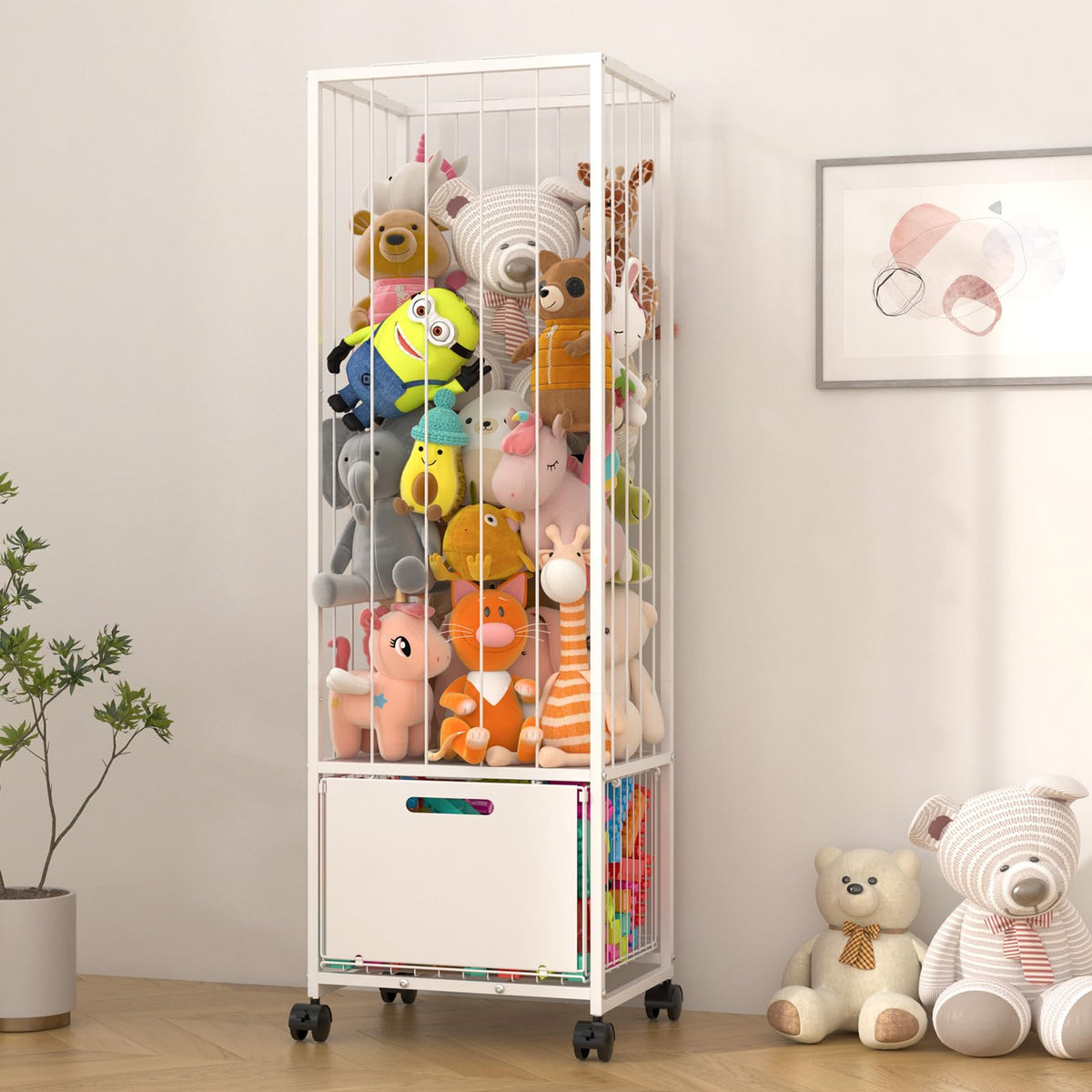 Bukfen metal stuffed animal storage zoo with large basket and wheels for easy room cleanup.