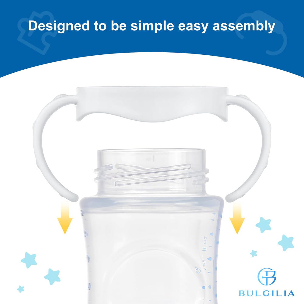 BULGILIA handles support independent feeding while baby holds a familiar bottle.