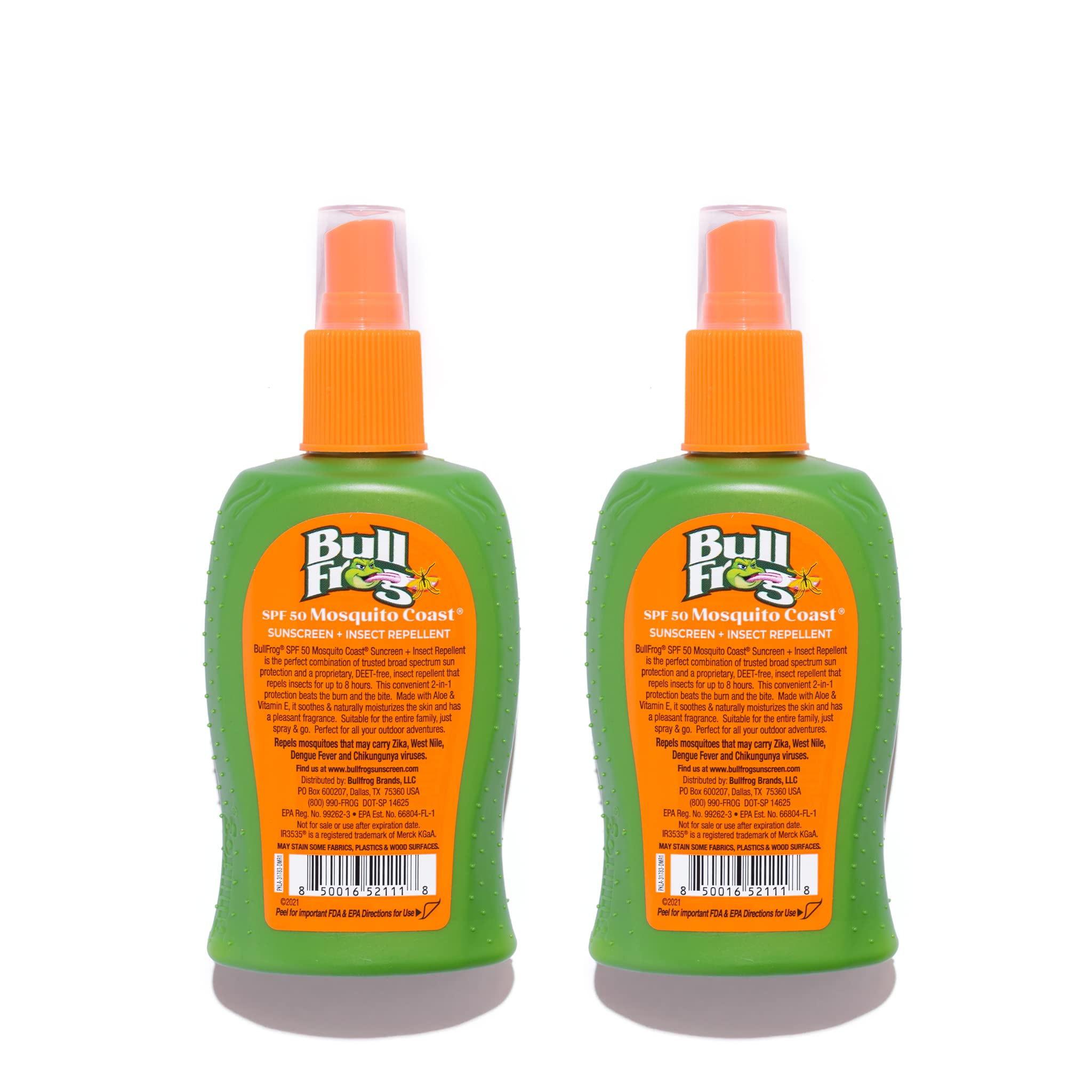 Bullfrog Mosquito Coast bottle back displays SPF 50 and DEET-free notes.