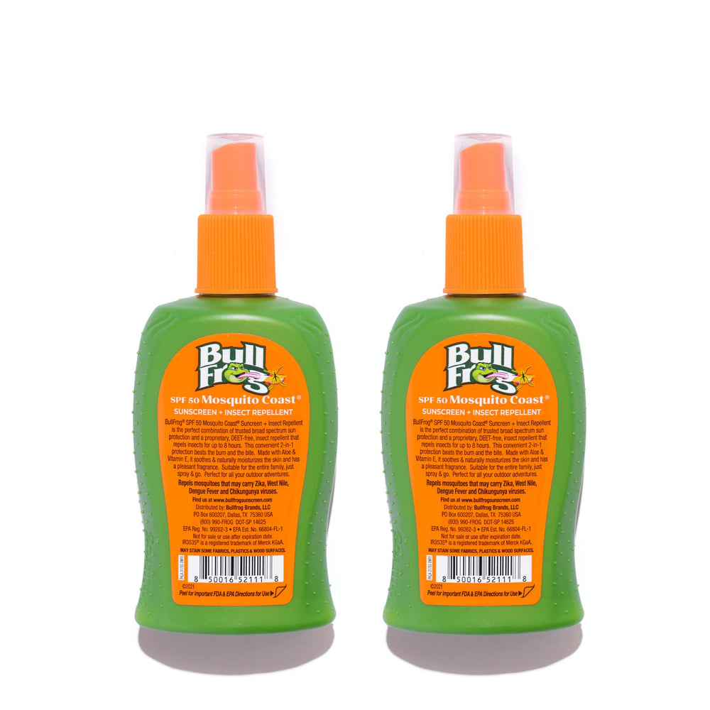 Bullfrog Mosquito Coast bottle back displays SPF 50 and DEET-free notes.