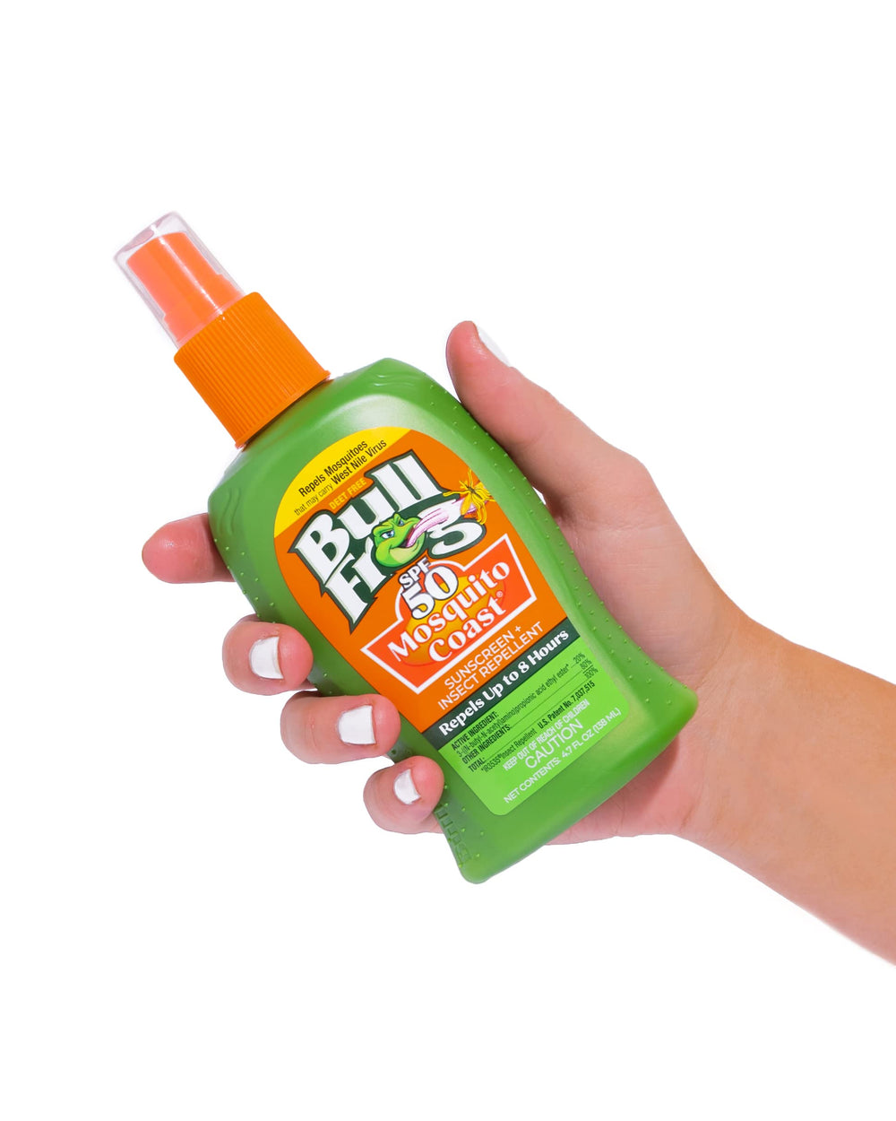 Bullfrog Mosquito Coast pump-action bottle shown for easy application.