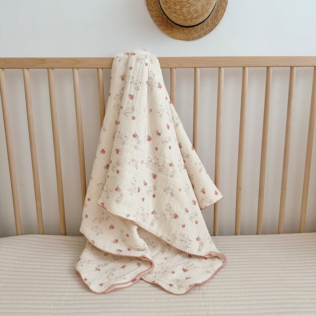 BuLuTu bunny pattern baby blanket on crib, soft and cozy