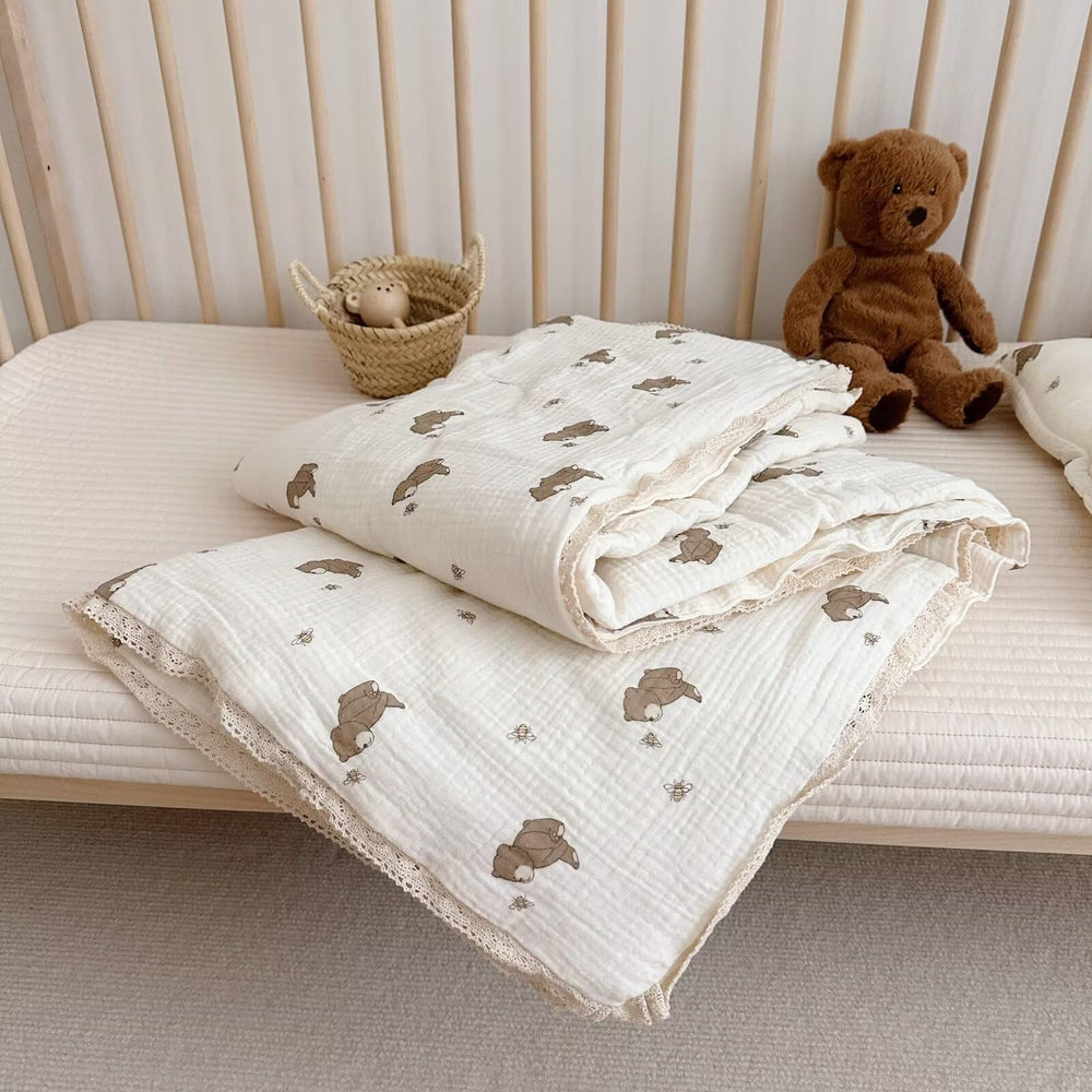 BuLuTu bear pattern crib blanket adds playful charm for nursery decor and cozy naps.