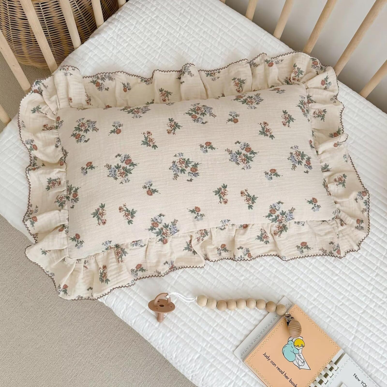 BuLuTu blue floral muslin pillowcase 20x14 on toddler bed offers soft, breathable comfort.
