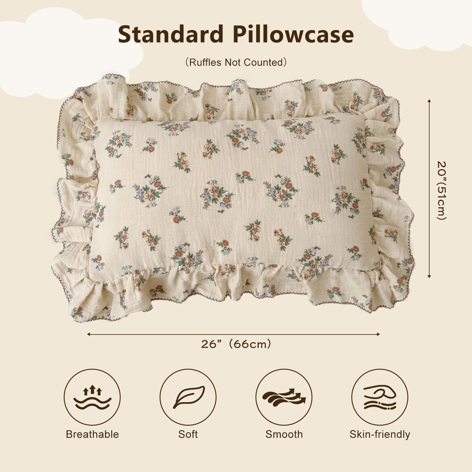 BuLuTu blue floral muslin pillowcase 26x20 keeps standard pillow cozy and easy to wash.