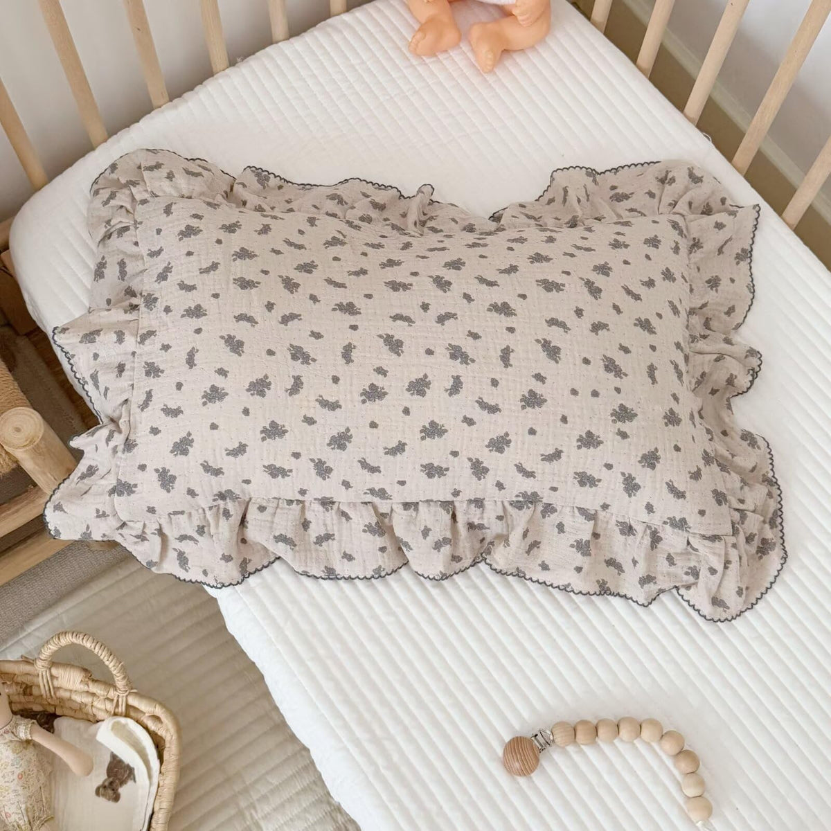 BuLuTu blue orchid dots crib pillowcase close view showing soft muslin texture