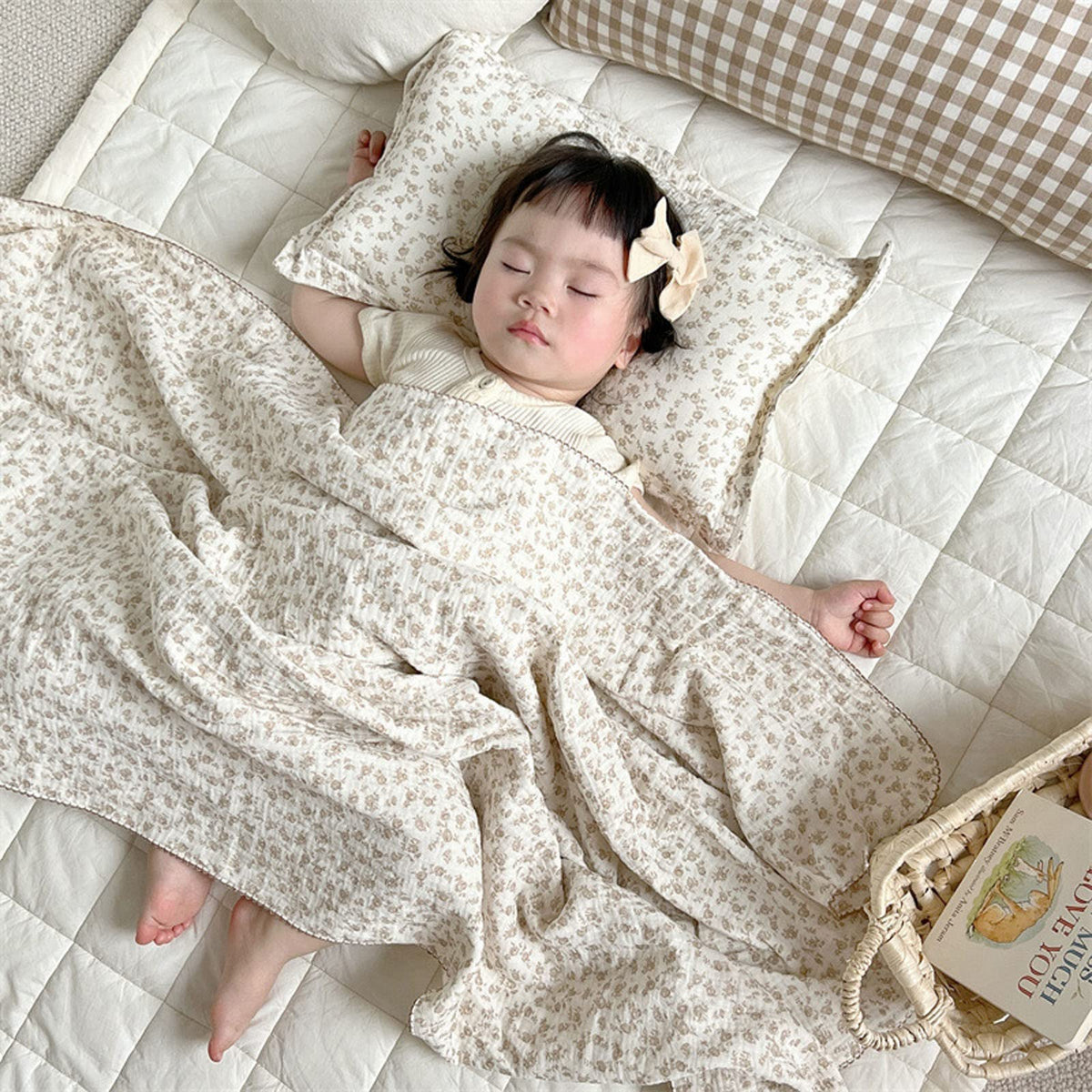 BuLuTu four-layer cotton muslin blanket close-up showing camellia floral pattern for gentle warmth