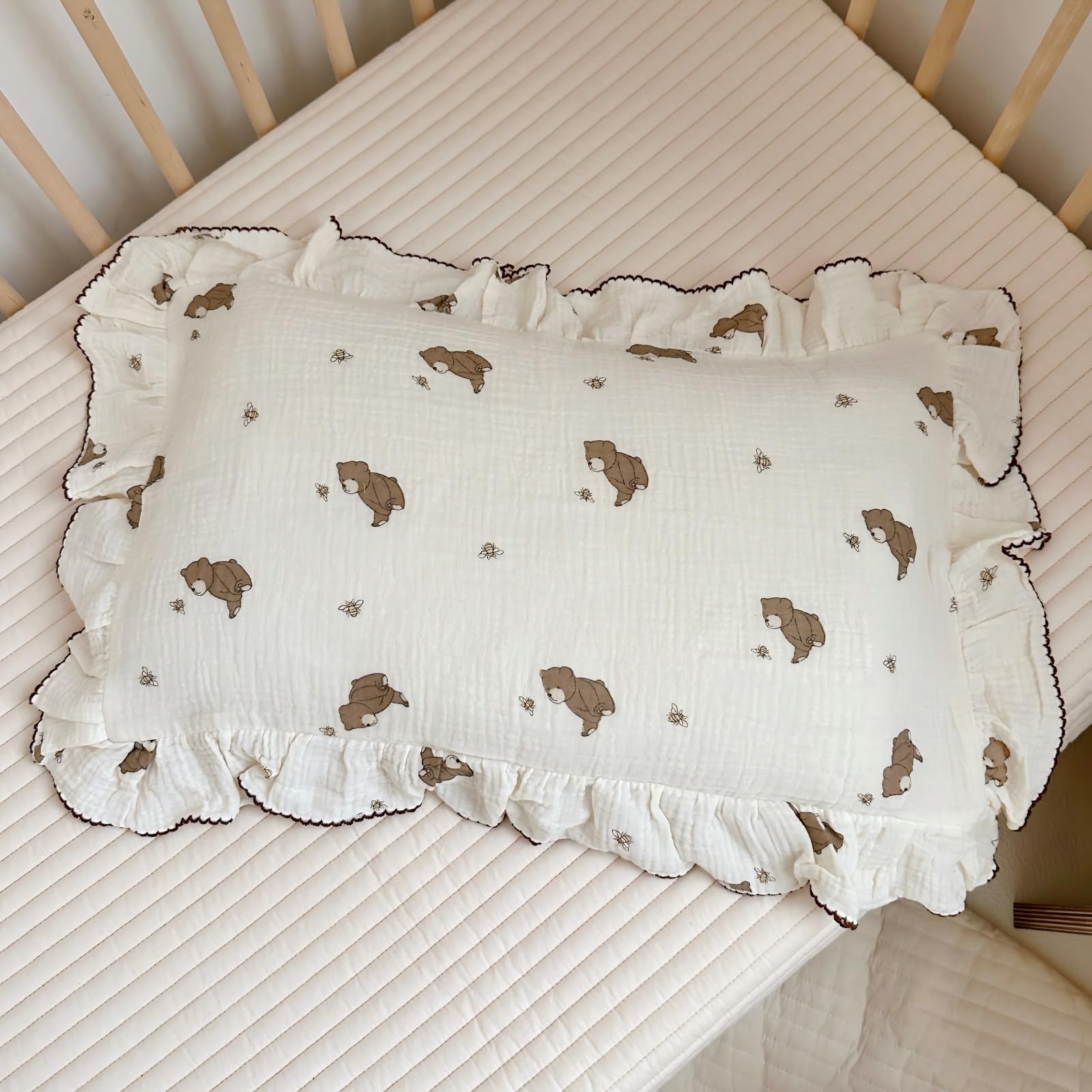 BuLuTu cartoon bear muslin pillowcase with soft breathable fabric for toddlers