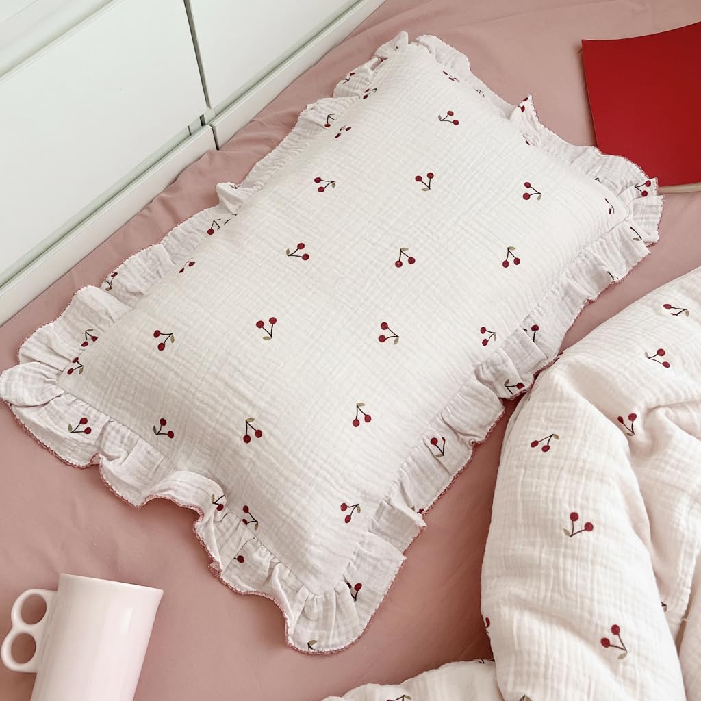 BuLuTu cotton muslin ruffle edge pillowcase with cherry pattern offers a soft, breathable surface for toddlers.