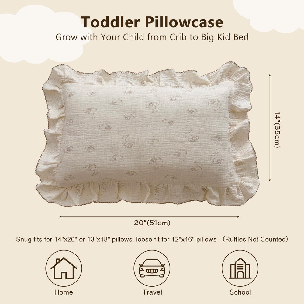 BuLuTu muslin toddler pillow case with ruffles on edges adds playful detail