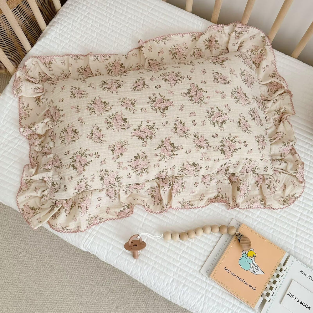 BuLuTu pink floral muslin toddler pillowcase with breathable soft fabric for comfort.