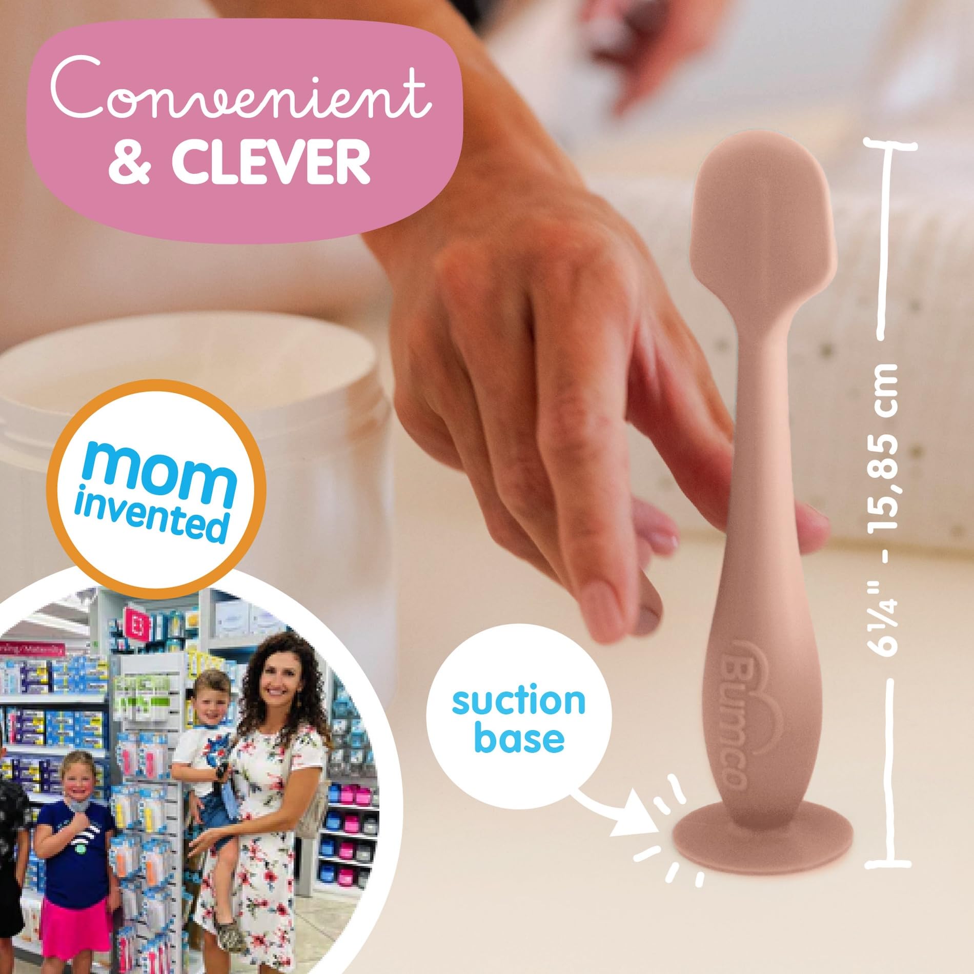 Compact-size Bumco spatula fits jar lids and diaper bags.