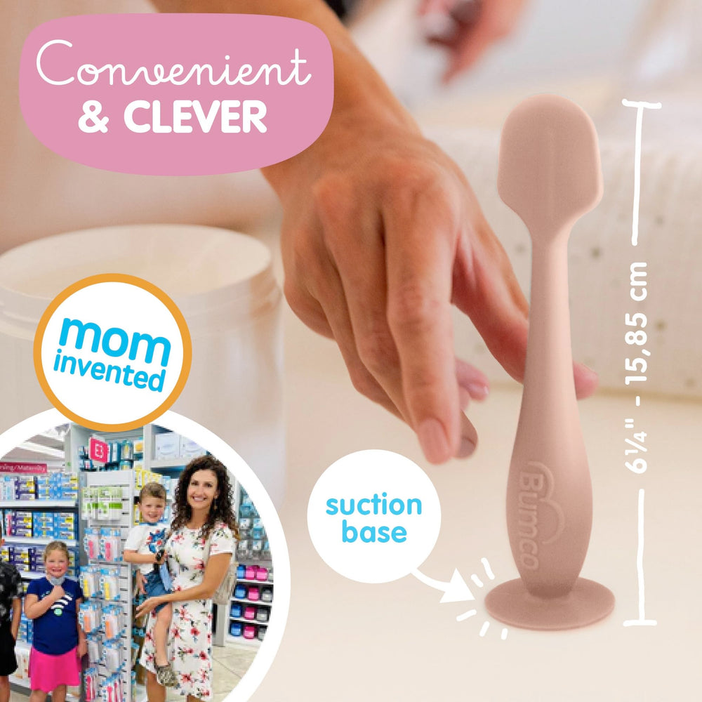 Compact-size Bumco spatula fits jar lids and diaper bags.