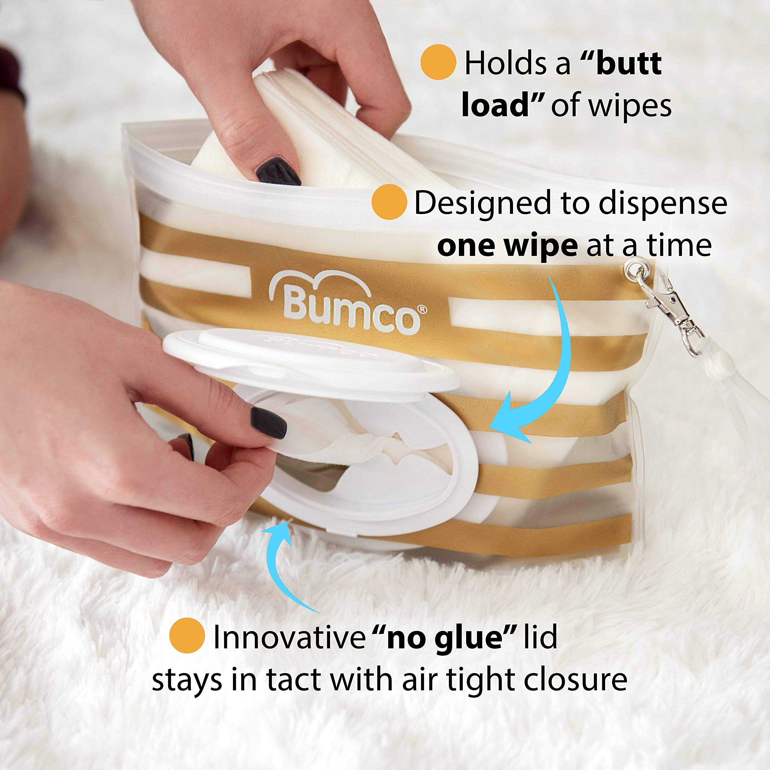 Bumco wipes dispenser inside a diaper bag for organized access.
