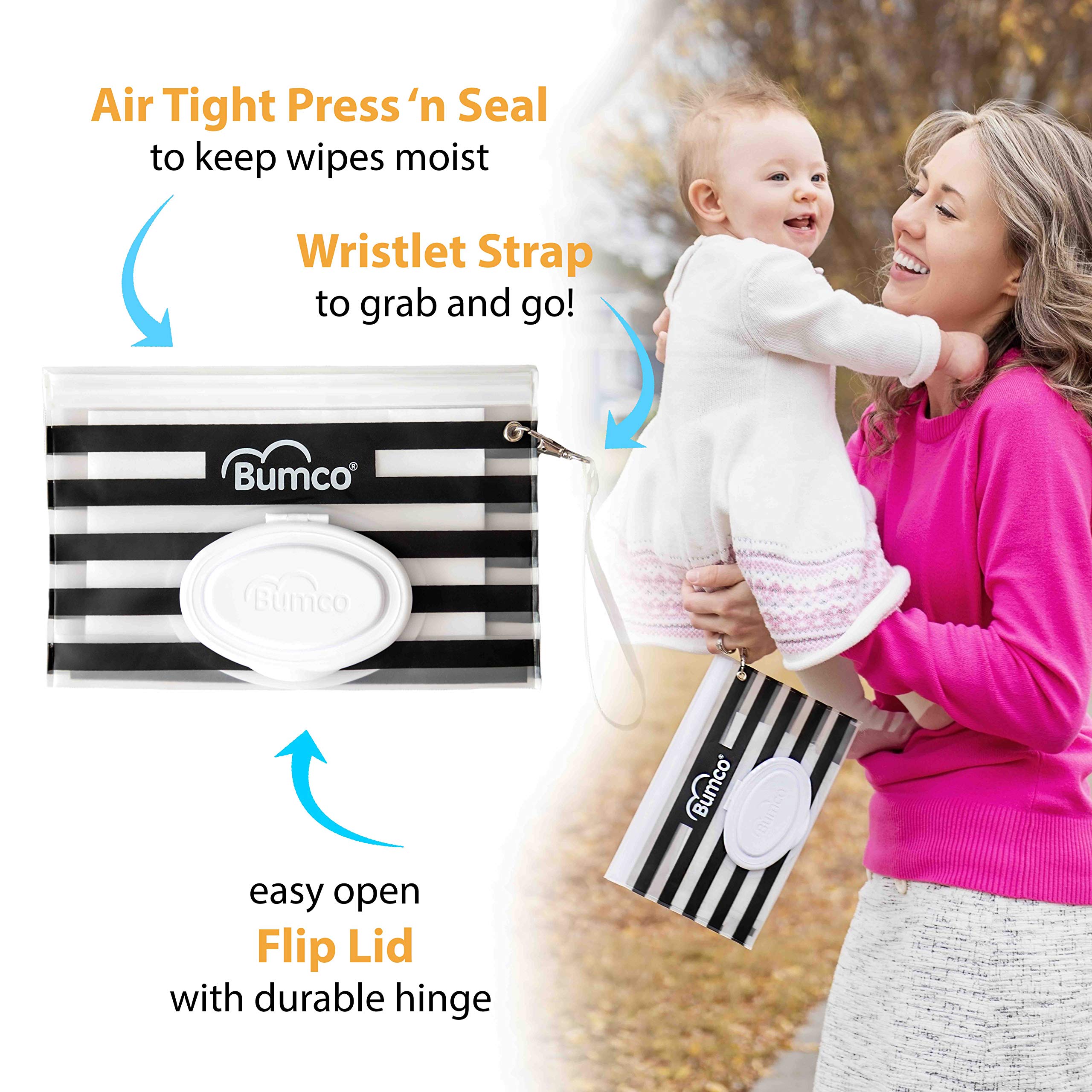 Bumco refillable wipes pouch with airtight lid for quick refills on the go.