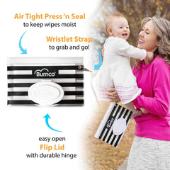 Bumco refillable wipes pouch with airtight lid for quick refills on the go.